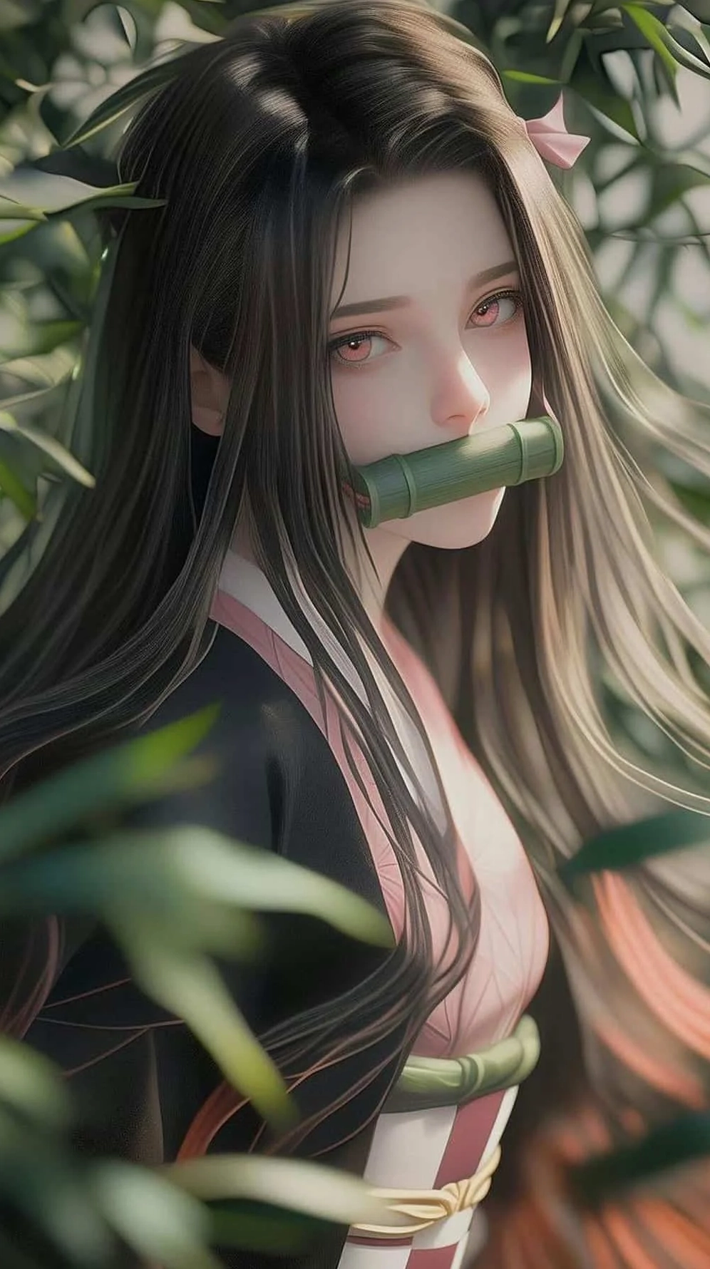 ảnh anime nezuko với ánh mắt hồng sâu thẳm bí ẩn