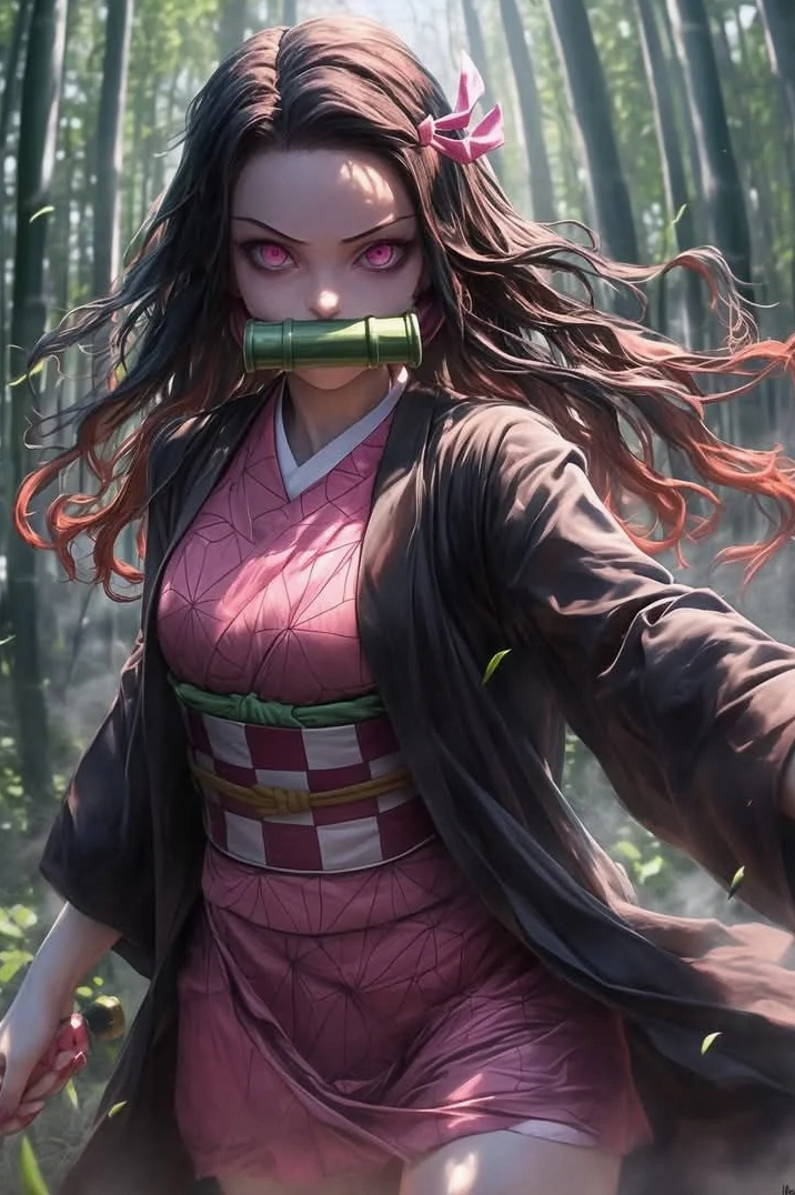 ảnh anime nezuko với mái tóc dài xõa tung bay trong gió