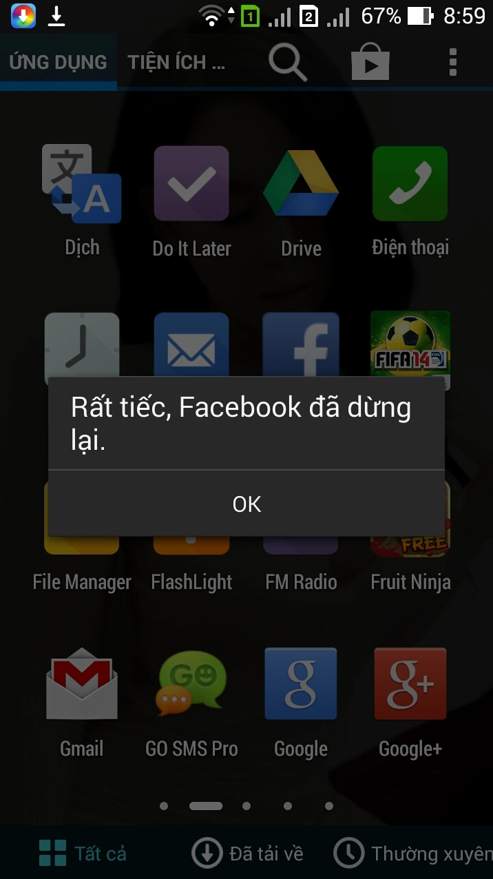Ảnh chụp màn hình thông báo rất tiếc Facebook đã dừng lại trên thiết bị Android