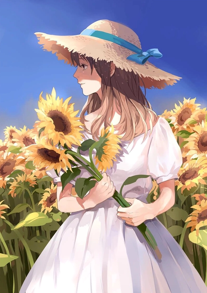 Anime gái cầm hoa hồng cute với biểu cảm vui tươi