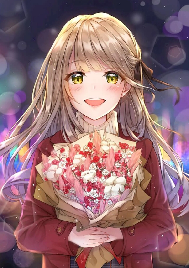 Anime girl cầm hoa hồng rạng rỡ thể hiện niềm vui
