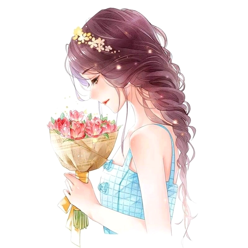 Anime girl cầm hoa hồng xinh đẹp trong phong cách hoạt hình