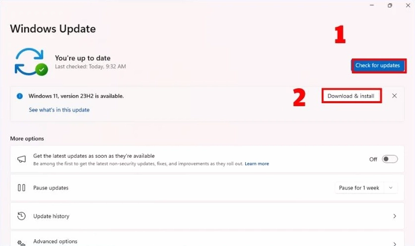 Bấm nút Check for updates trong phần cài đặt Windows Update