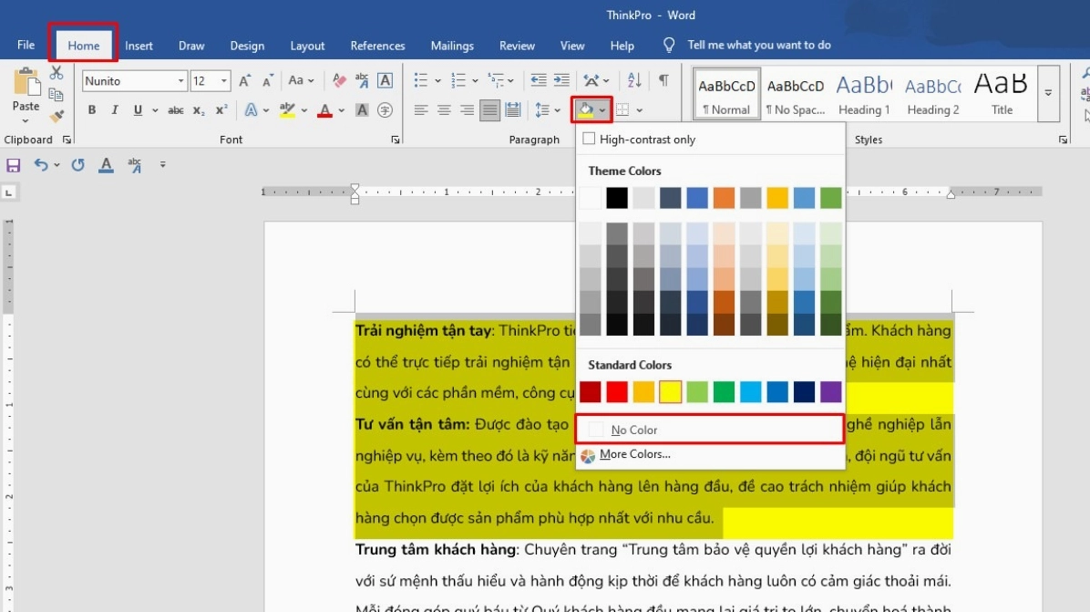 Bấm vào mũi tên cạnh biểu tượng thùng sơn Shading rồi chọn mục No Color để xóa nền đoạn văn