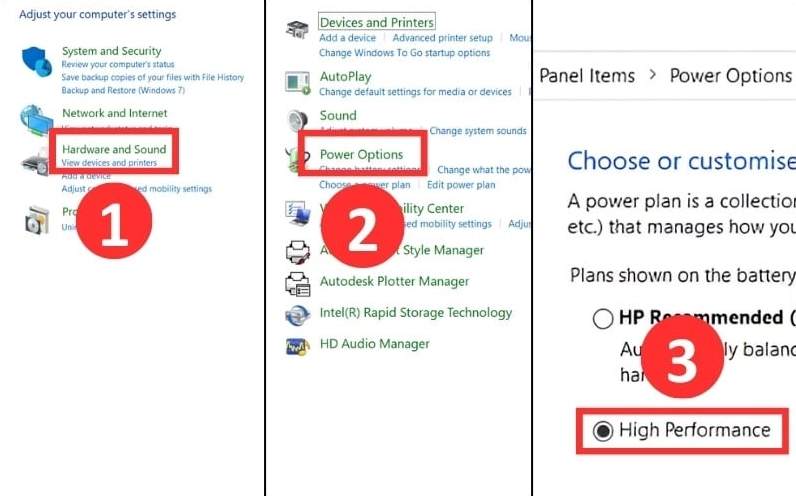 Bảng điều khiển Control Panel hiển thị tùy chọn High Performance trong phần quản lý năng lượng