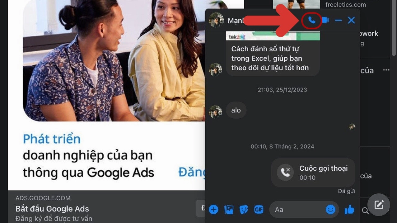 Biểu tượng chiếc điện thoại dùng để gọi thoại trên Messenger máy tính