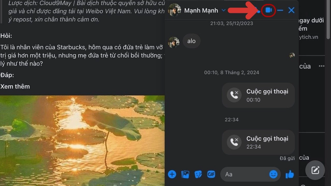 Biểu tượng máy quay phim dùng để gọi video trên Messenger máy tính