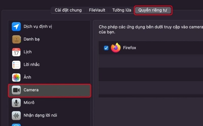 Bỏ chọn các ứng dụng bạn không muốn cấp quyền sử dụng camera