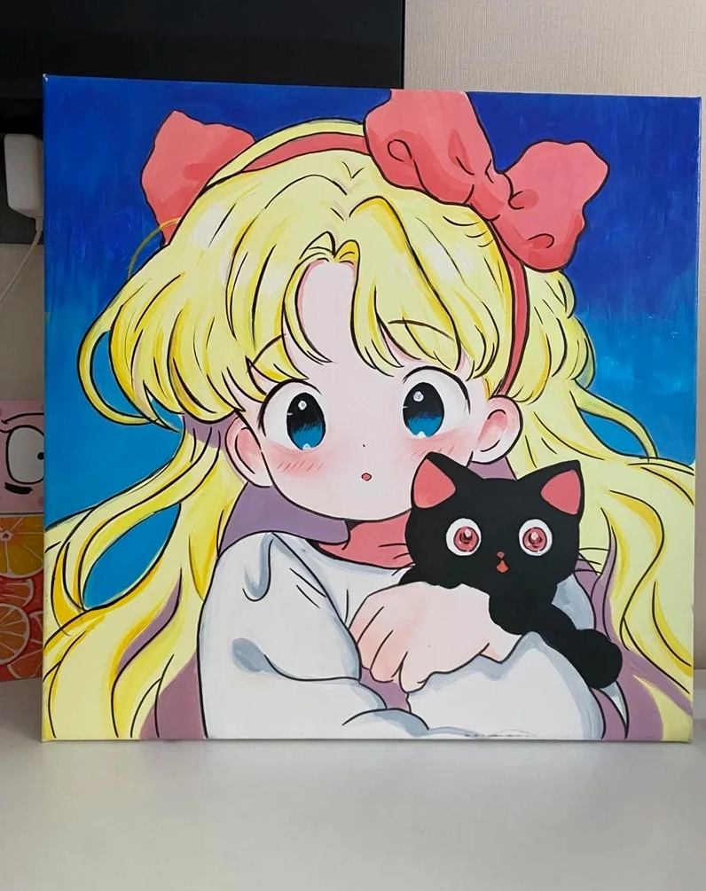 Bức tranh chibi với tông màu hồng pastel ngọt ngào