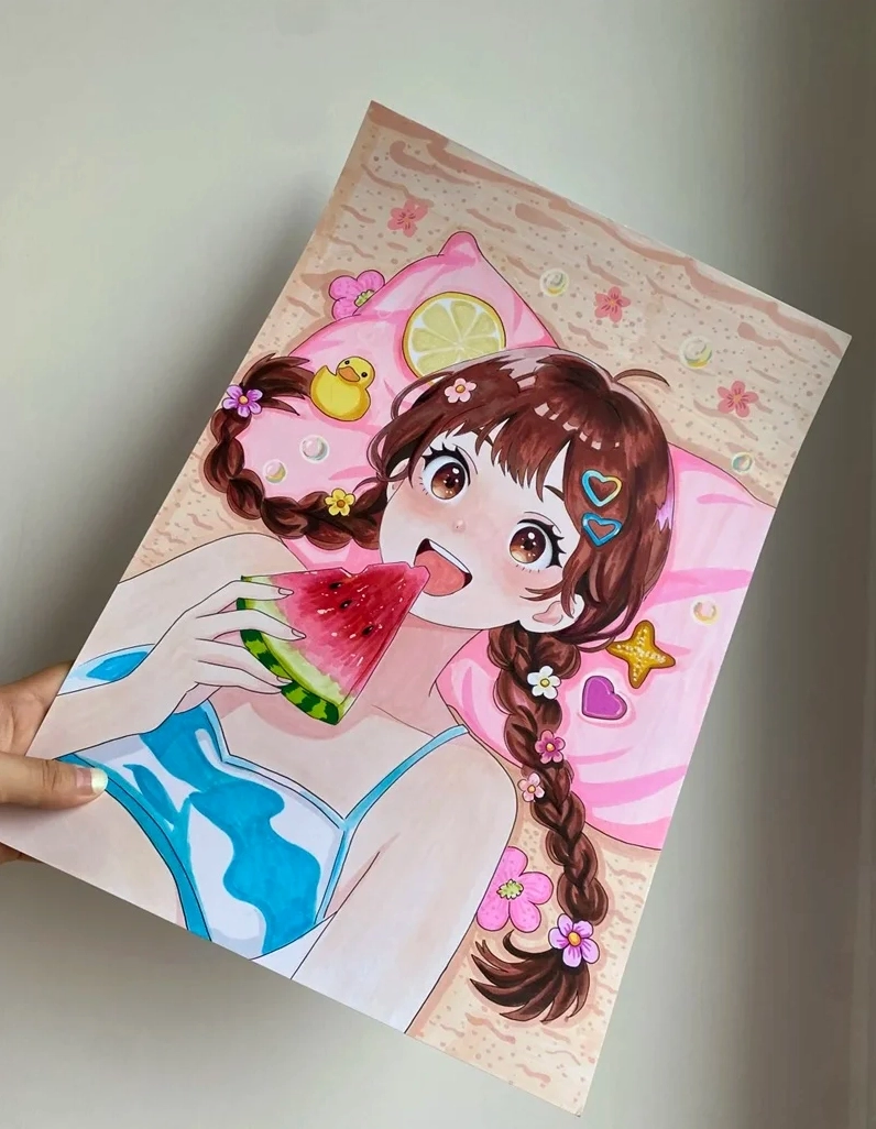Bức vẽ cô gái anime với mái tóc dài thướt tha