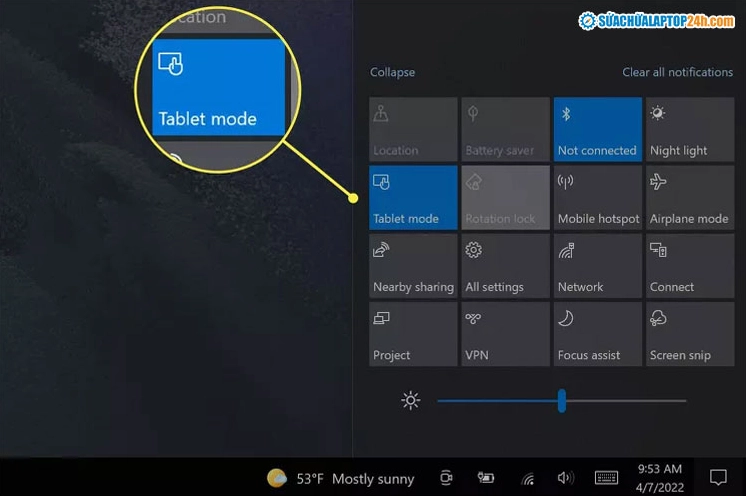 Hướng dẫn cách sử dụng chế độ máy tính bảng trên laptop chi tiết 3 Chạm chuột vào ô Tablet Mode đang sáng màu để tiến hành tắt chế độ này