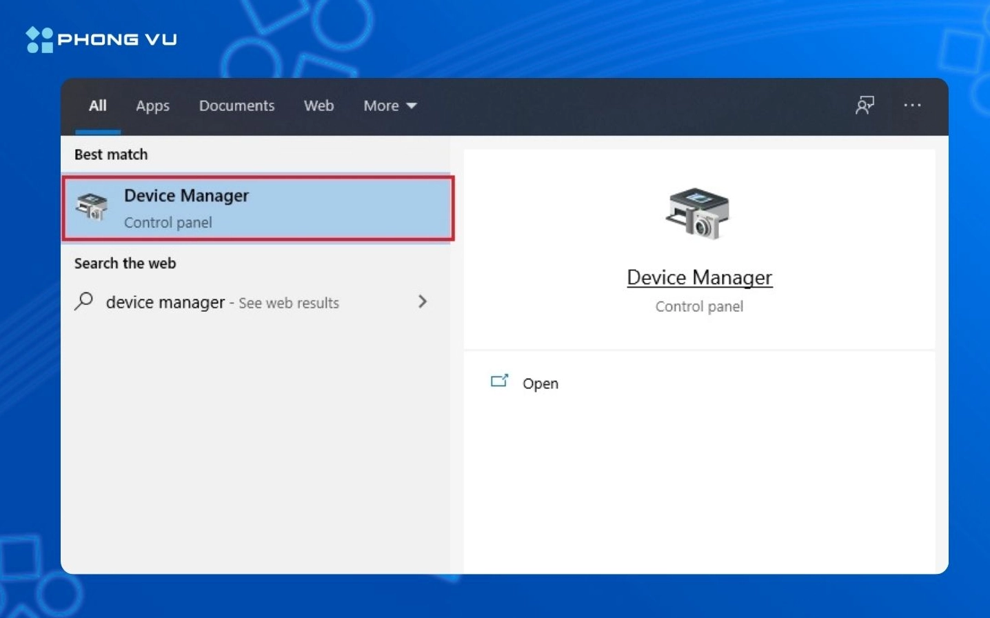 Chọn Device Manager trên thanh tìm kiếm của Windows
