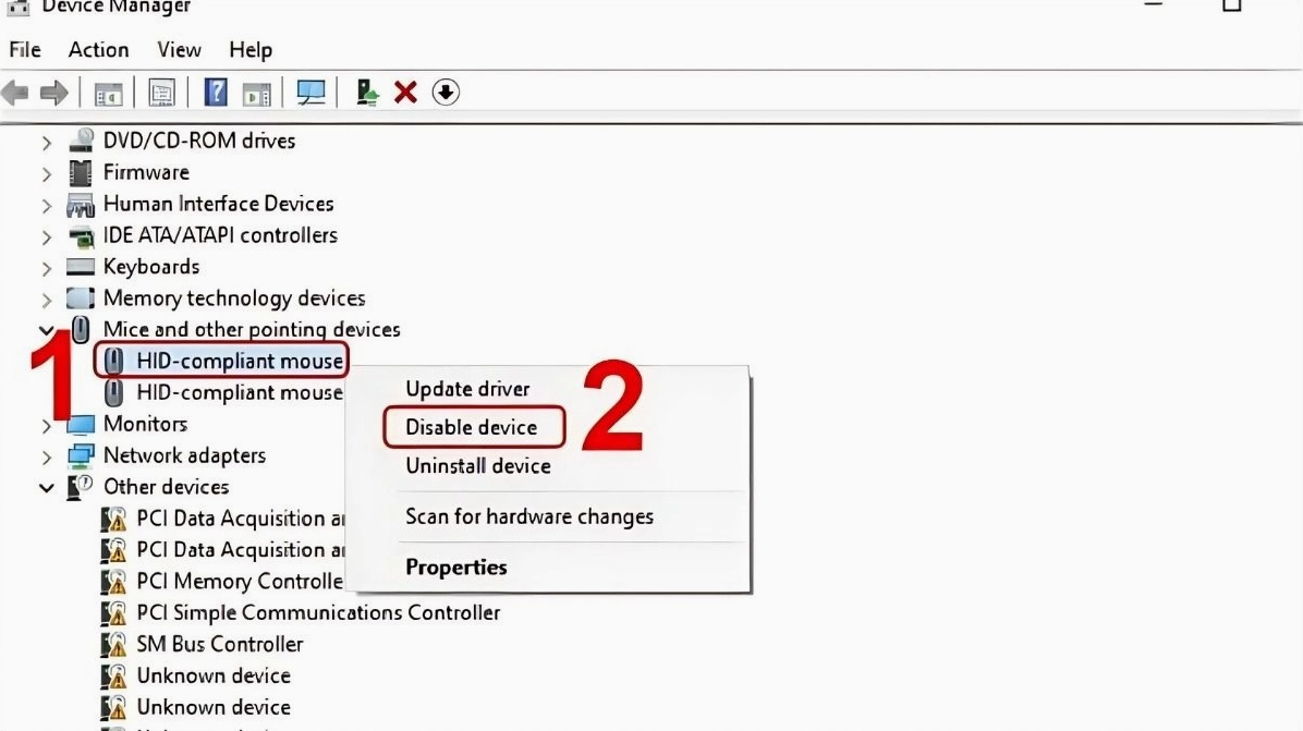 Chọn Disable Device từ menu ngữ cảnh để tiến hành vô hiệu hóa driver của chuột cảm ứng HP