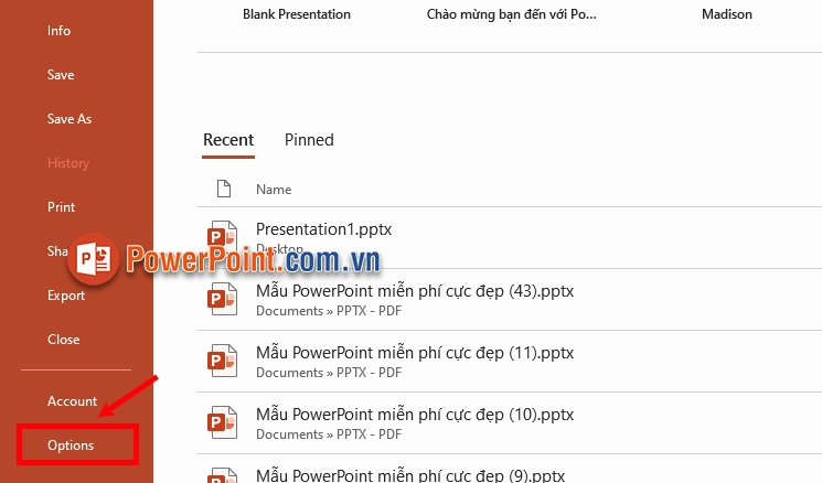Chọn mục Options nằm ở vị trí dưới cùng của menu File