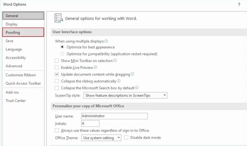 Hướng dẫn sửa lỗi gạch đỏ trong word 2016 đơn giản và nhanh chóng nhất 3 chọn mục proofing
