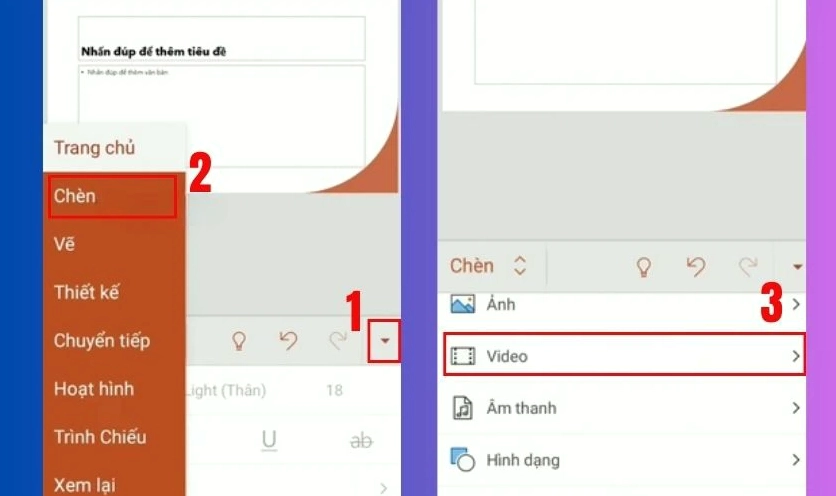 Chọn mục Trang chủ, tiếp tục nhấn Chèn