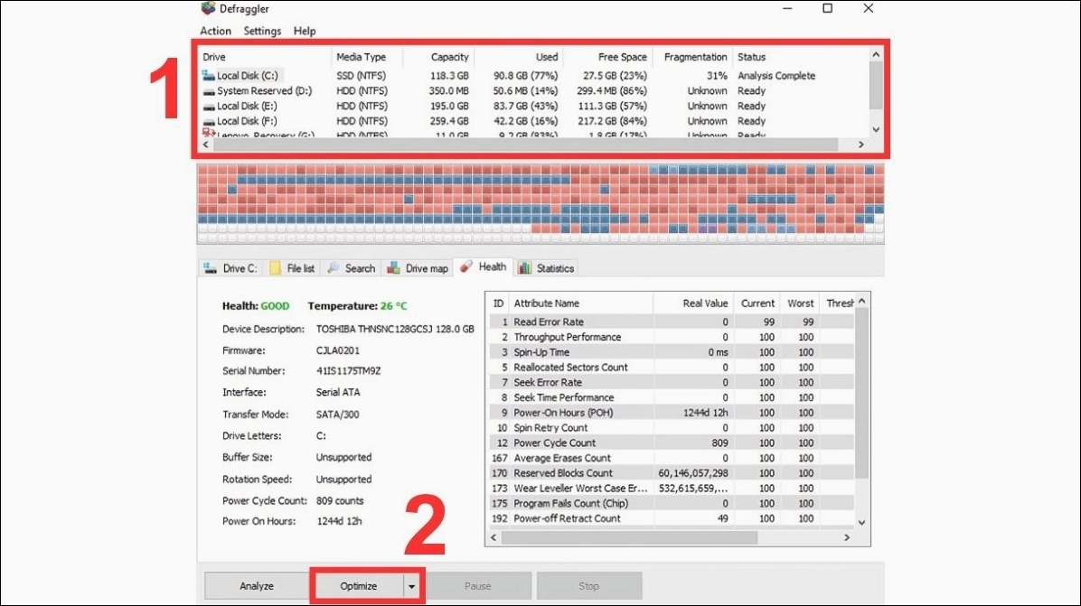 Chọn ổ HDD bạn muốn chống phân mảnh, nhấn Optimize để bắt đầu quá trình