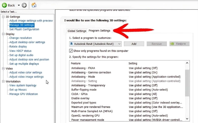 Chọn tab Program Settings trong bảng điều khiển NVIDIA