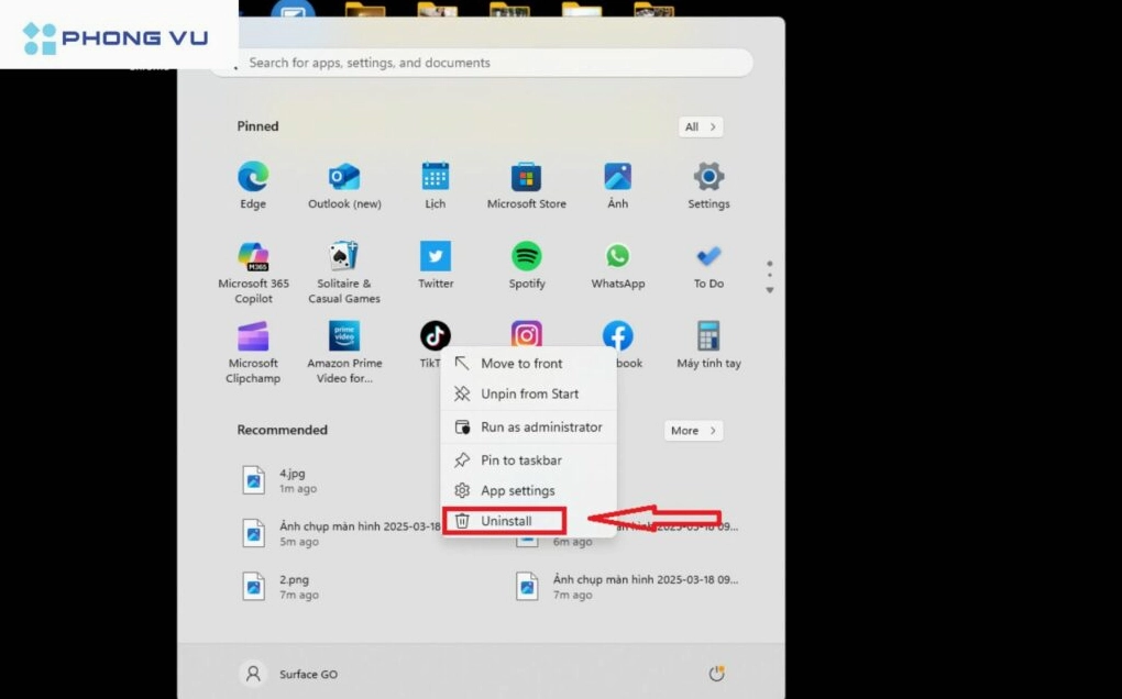 Chọn ứng dụng cần xóa và bấm vào Uninstall