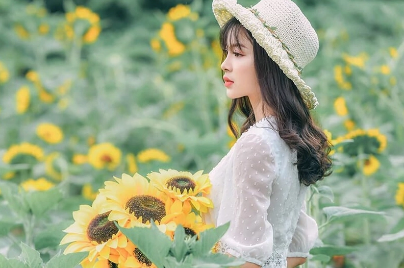 Cô gái cầm hoa hướng dương xen lẫn hoa hồng rực rỡ