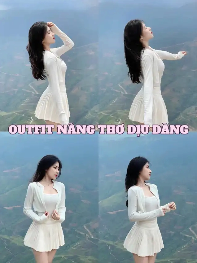 Cô gái mặc croptop trắng tạo dáng giữa cảnh núi non hùng vĩ