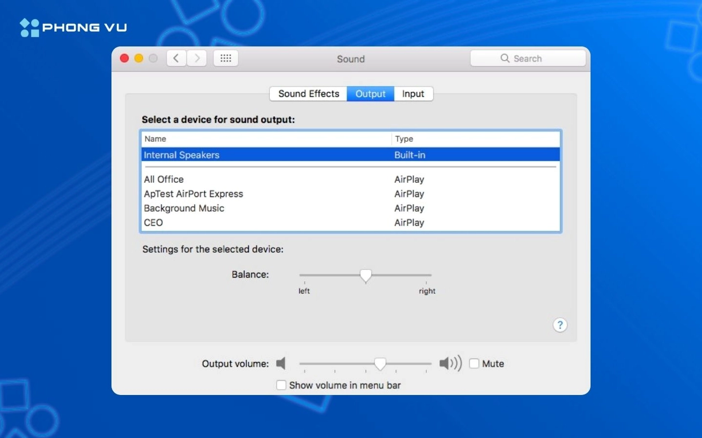Cửa sổ cài đặt âm thanh Sound Preferences trên giao diện hệ điều hành của MacBook