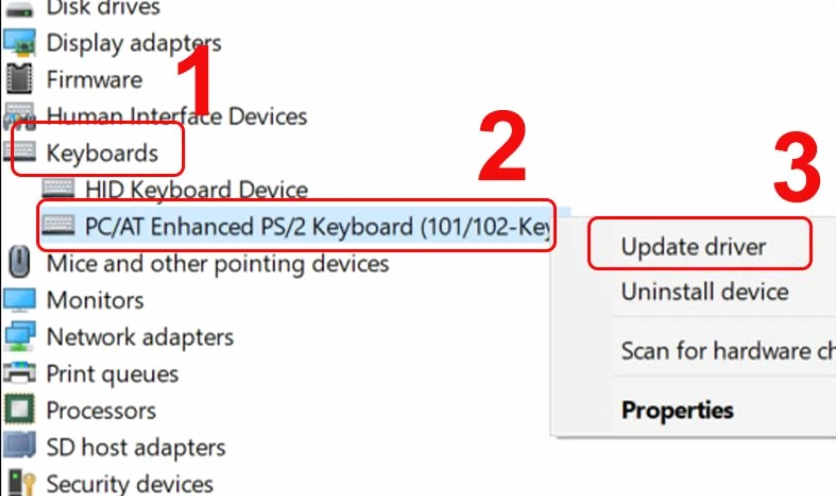 Hướng dẫn chi tiết cách mở khóa bàn phím số trên laptop Lenovo chuẩn kỹ thuật 5 Cửa sổ Device Manager hiển thị danh sách thiết bị bàn phím cần được kiểm tra và cài đặt lại driver