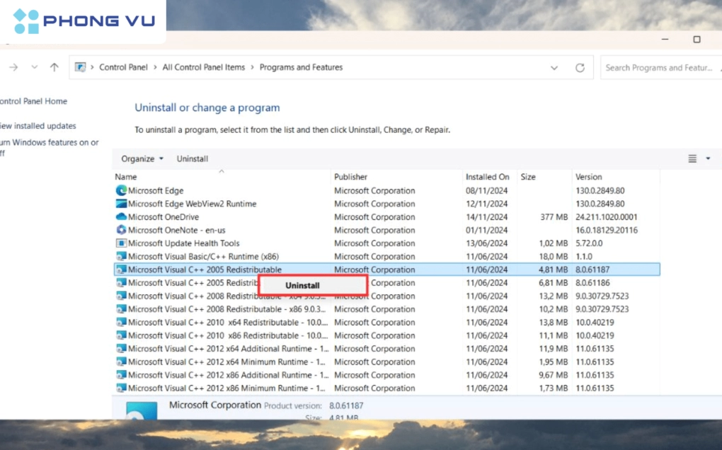 Cửa sổ Programs and Features hiển thị danh sách các phiên bản Microsoft Visual C++