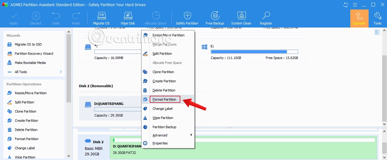 Hướng dẫn chi tiết sử dụng phần mềm sửa lỗi USB không cho format hiệu quả nhất 7 Cửa sổ thao tác định dạng USB bằng công cụ AOMEI Partition Assistant chuyên nghiệp