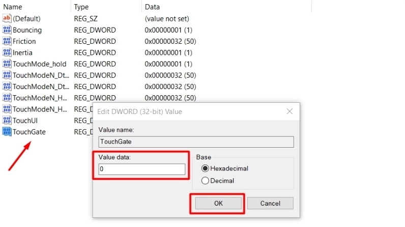 Hướng dẫn chi tiết cách mở cảm ứng màn hình laptop Dell cực kỳ đơn giản 10 Cửa sổ thiết lập giá trị cho khóa TouchGate với thông số Value data được đặt là 1