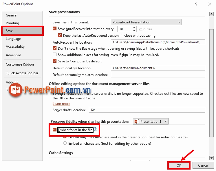 Cửa sổ thiết lập PowerPoint Options với mục Save được chọn