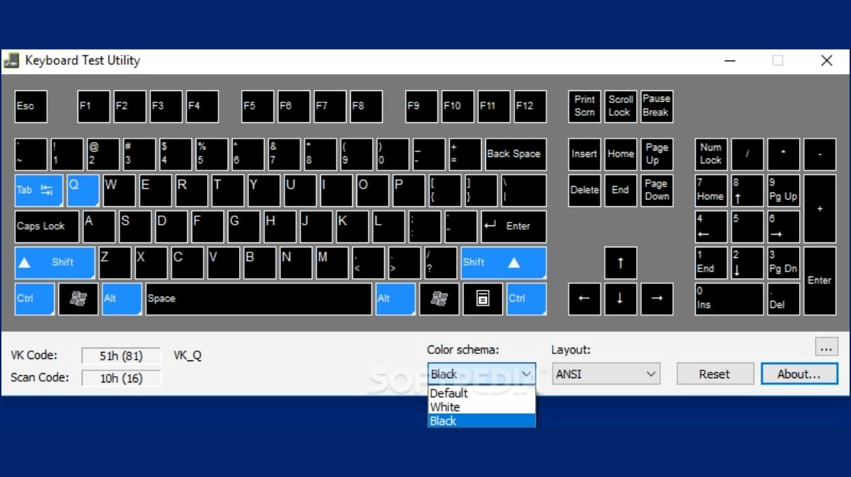 Hướng dẫn chi tiết cách test bàn phím laptop đơn giản và chính xác nhất 5 Cửa sổ ứng dụng phần mềm Keyboard Test Utility đang hiển thị các phím đã được nhấn