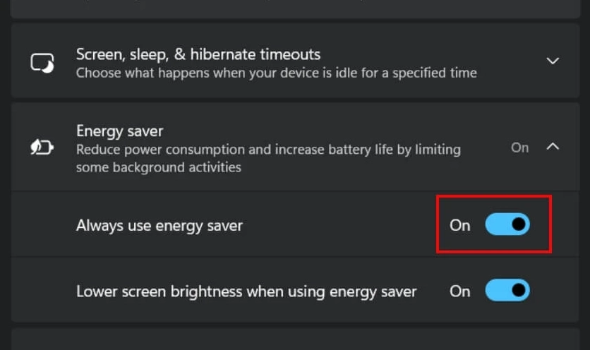 Tuyệt chiêu về cách tiết kiệm pin laptop hiệu quả năm 2026 3 Cuộn xuống mục Energy saver, chọn Turn on