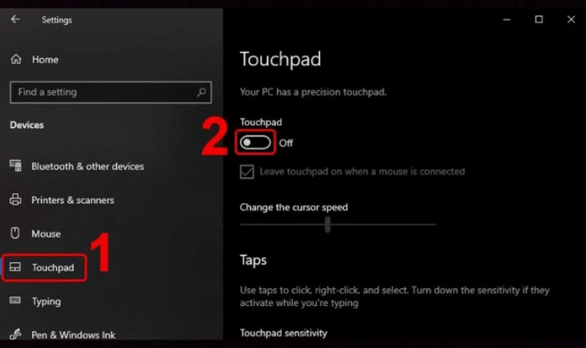 Di chuyển thanh trượt sang vị trí Off để tắt touchpad