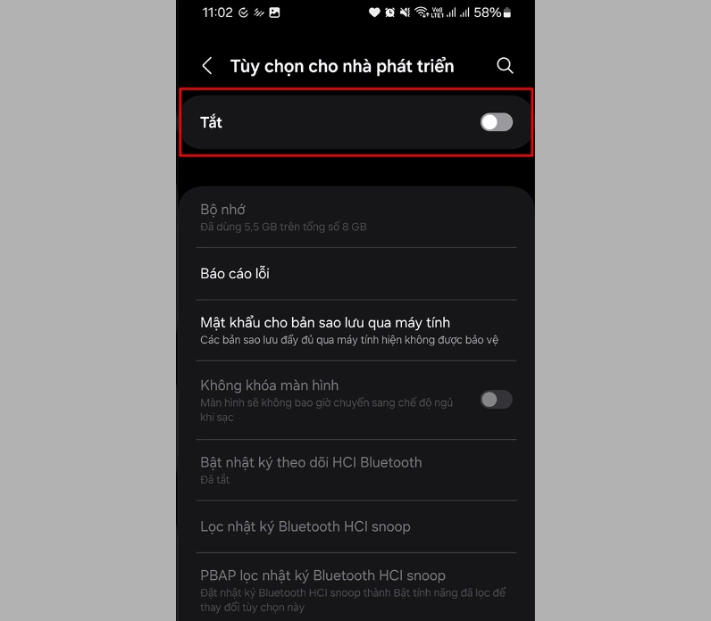 Gạt nút công tắc để tắt chế độ tùy chọn cho nhà phát triển trên hệ điều hành Android