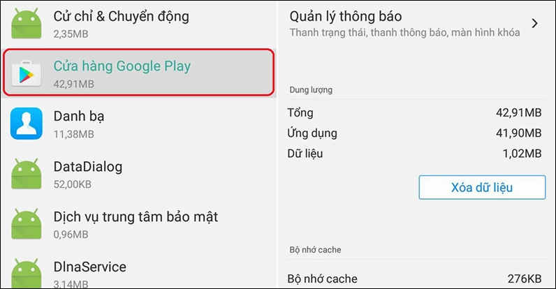 Giao diện cài đặt hiển thị nút bấm xóa bộ nhớ đệm cho ứng dụng CH Play trên điện thoại Android