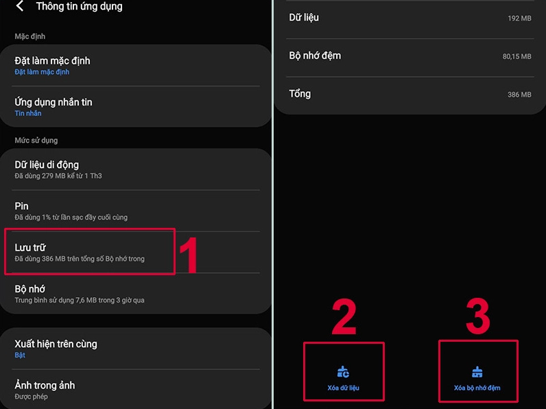 Hướng dẫn chi tiết cách khắc phục đăng nhập Messenger bị lỗi nhanh chóng hiệu quả 4 Giao diện cài đặt hiển thị nút xóa dữ liệu và bộ nhớ đệm ứng dụng trên hệ điều hành Android