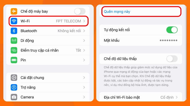 Giao diện cài đặt mạng trên điện thoại với tùy chọn quên mạng đang được chọn