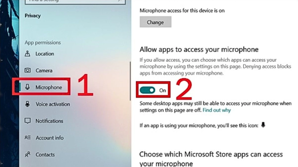 Giao diện cài đặt quyền riêng tư đối với micro trên hệ điều hành Windows