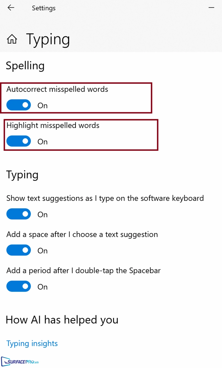 Hướng dẫn chi tiết cách sửa lỗi chính tả trên máy tính Windows nhanh chóng 3 Giao diện cài đặt tính năng tự động sửa lỗi chính tả trên hệ điều hành Windows 10 trong mục Settings
