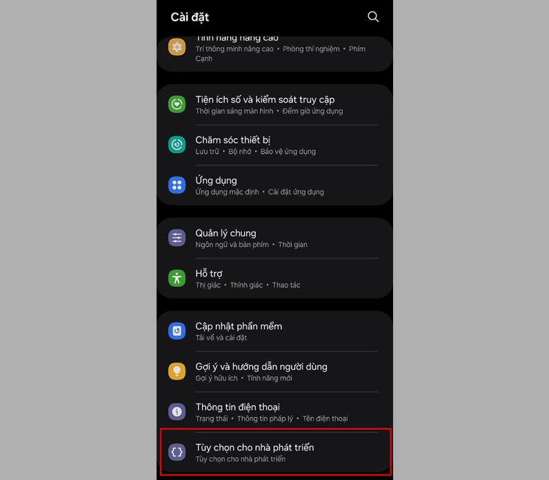 Giao diện cài đặt trên điện thoại Android có mục Tùy chọn cho nhà phát triển