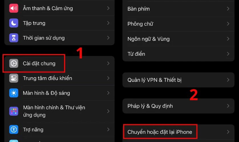 Giao diện chọn Chuyển hoặc đặt lại iPhone trong phần Cài đặt chung