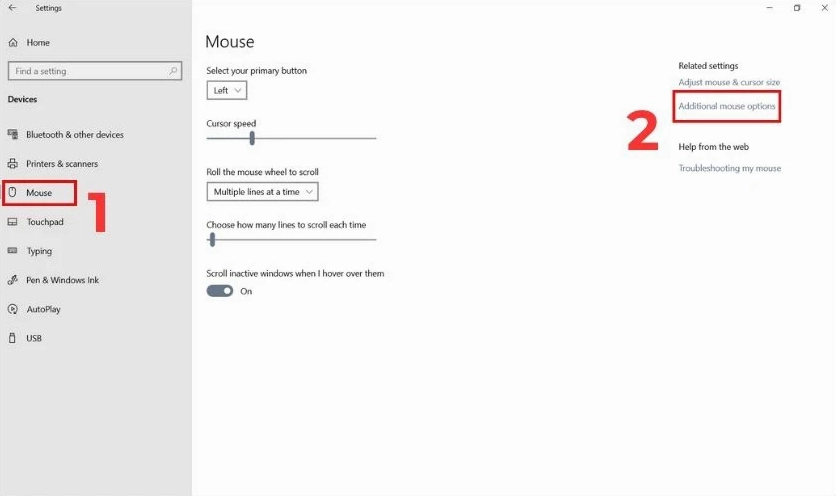Giao diện chọn mục Additional mouse options trong cài đặt Windows