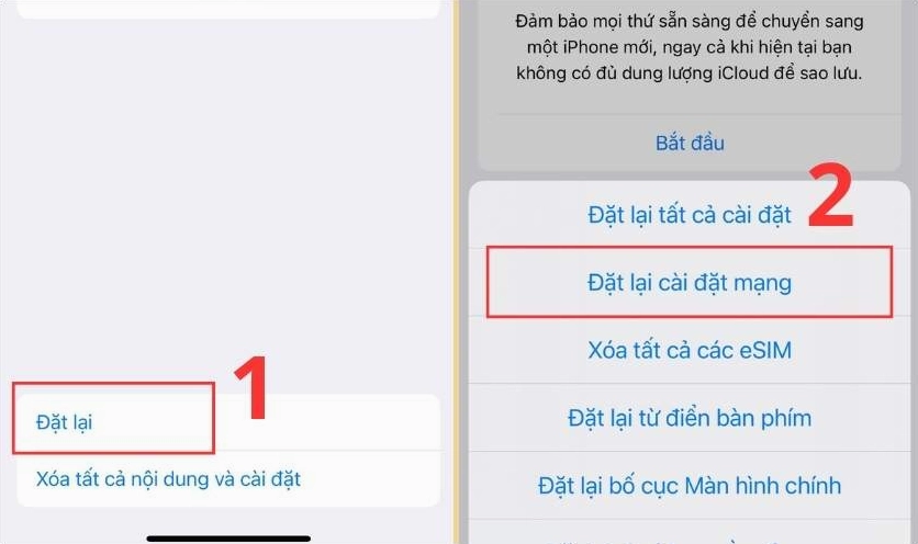 Giao diện chọn mục Đặt lại cài đặt mạng trong phần cài đặt của điện thoại iPhone