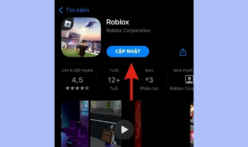 Giao diện cửa hàng ứng dụng hiển thị nút Cập nhật cho phần mềm Roblox