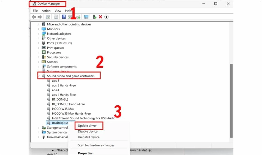 Giao diện cửa sổ Device Manager để cập nhật driver âm thanh