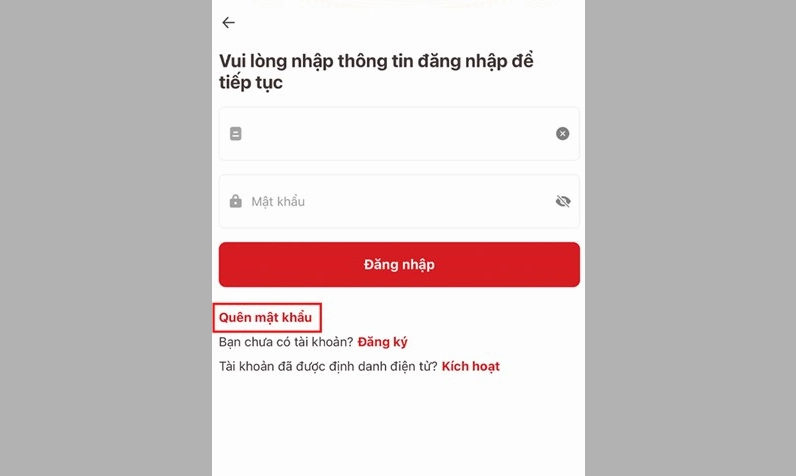 Giao diện đăng nhập VNeID có hiển thị dòng chữ Quên mật khẩu ở góc dưới màn hình
