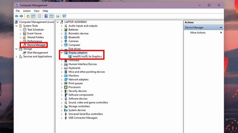 Giao diện Device Manager liệt kê các thiết bị phần cứng của máy tính