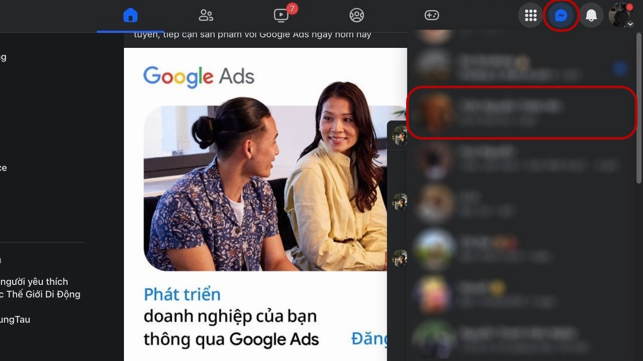 Giao diện Facebook trên máy tính hiển thị biểu tượng Messenger