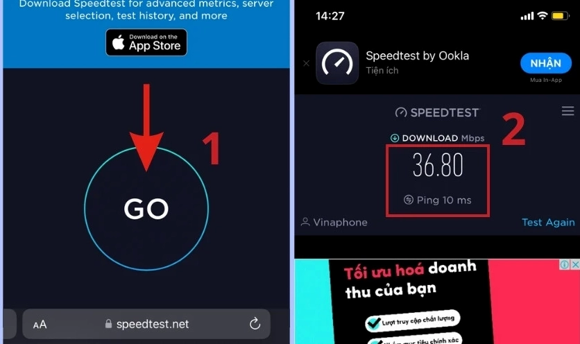 Giao diện kiểm tra tốc độ kết nối internet trên điện thoại để xác định nguyên nhân lỗi mạng